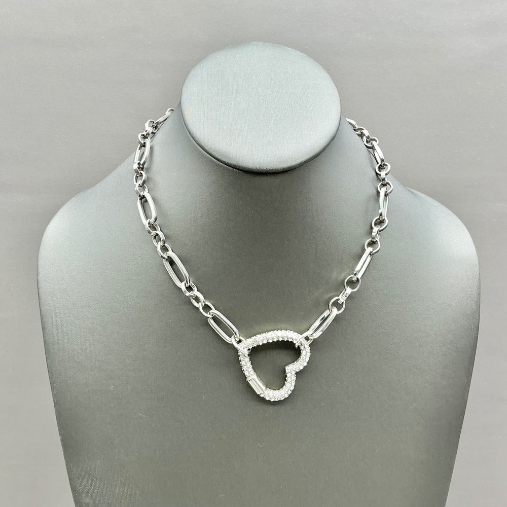 Heart Pendant Necklace Women Silver Tone Rhinestone Pave Paperclip Link Chain